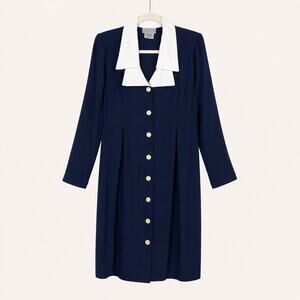 Vintage Dividends Maternity Shirt Dress Statement Collar Navy White M 80s 90s